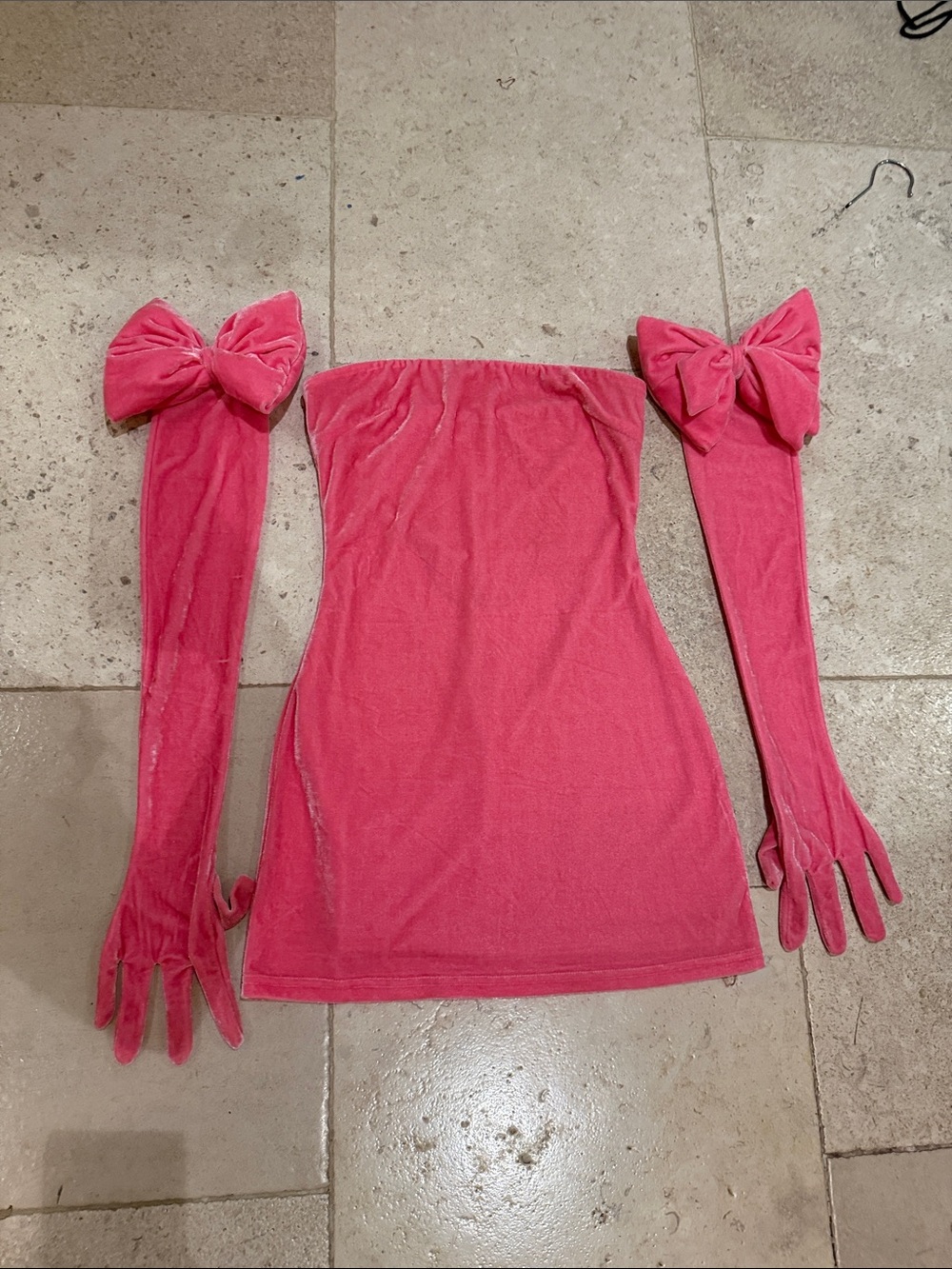 Sugar Thrillz Pink Velvet Strapless Mini Dress with Bow Gloves- size XS
